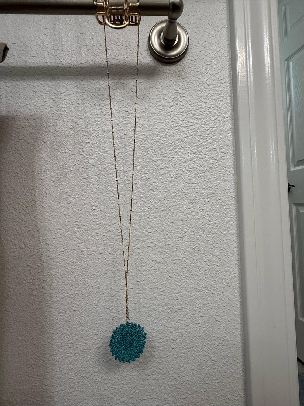 Long Gold Chain Necklace with Teal Beaded Pendant